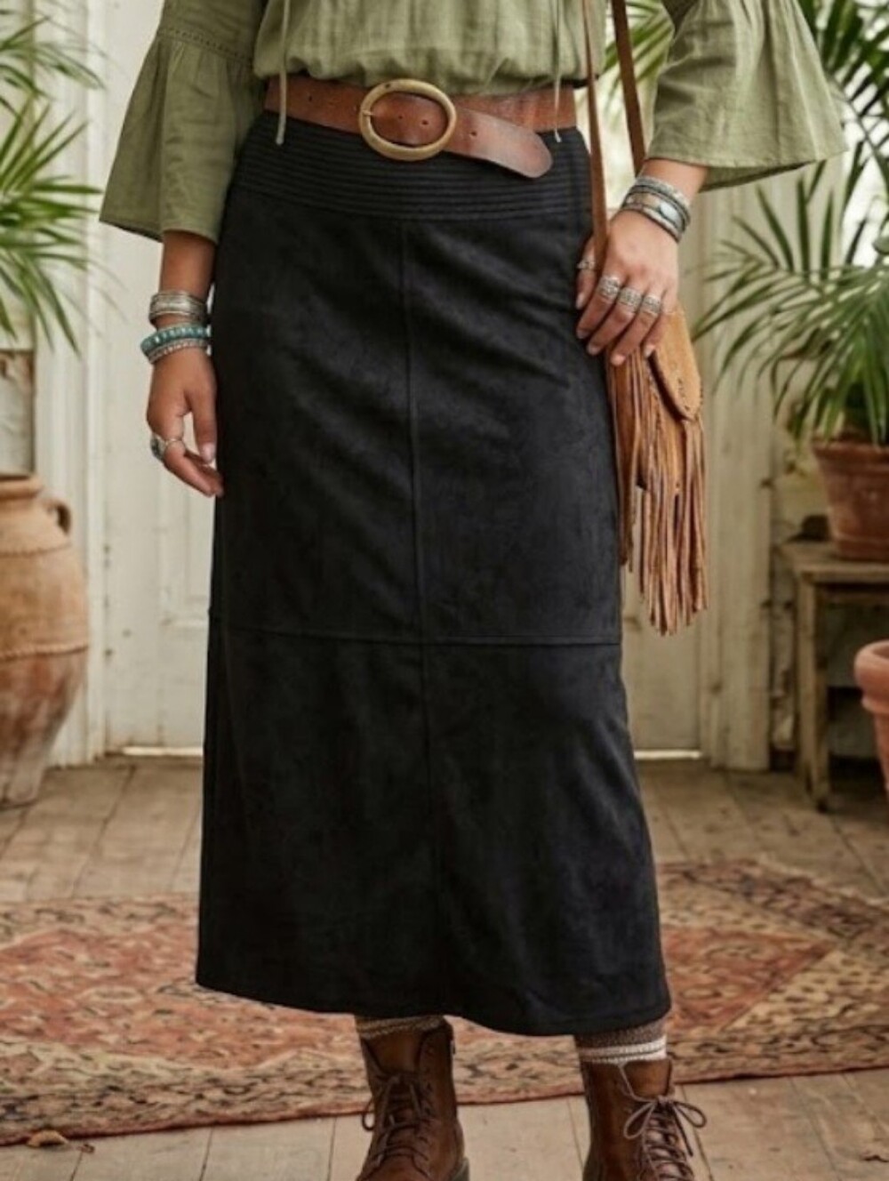 Vintage Black Faux Suede Midi Length Skirt Size 10P Deadstock
